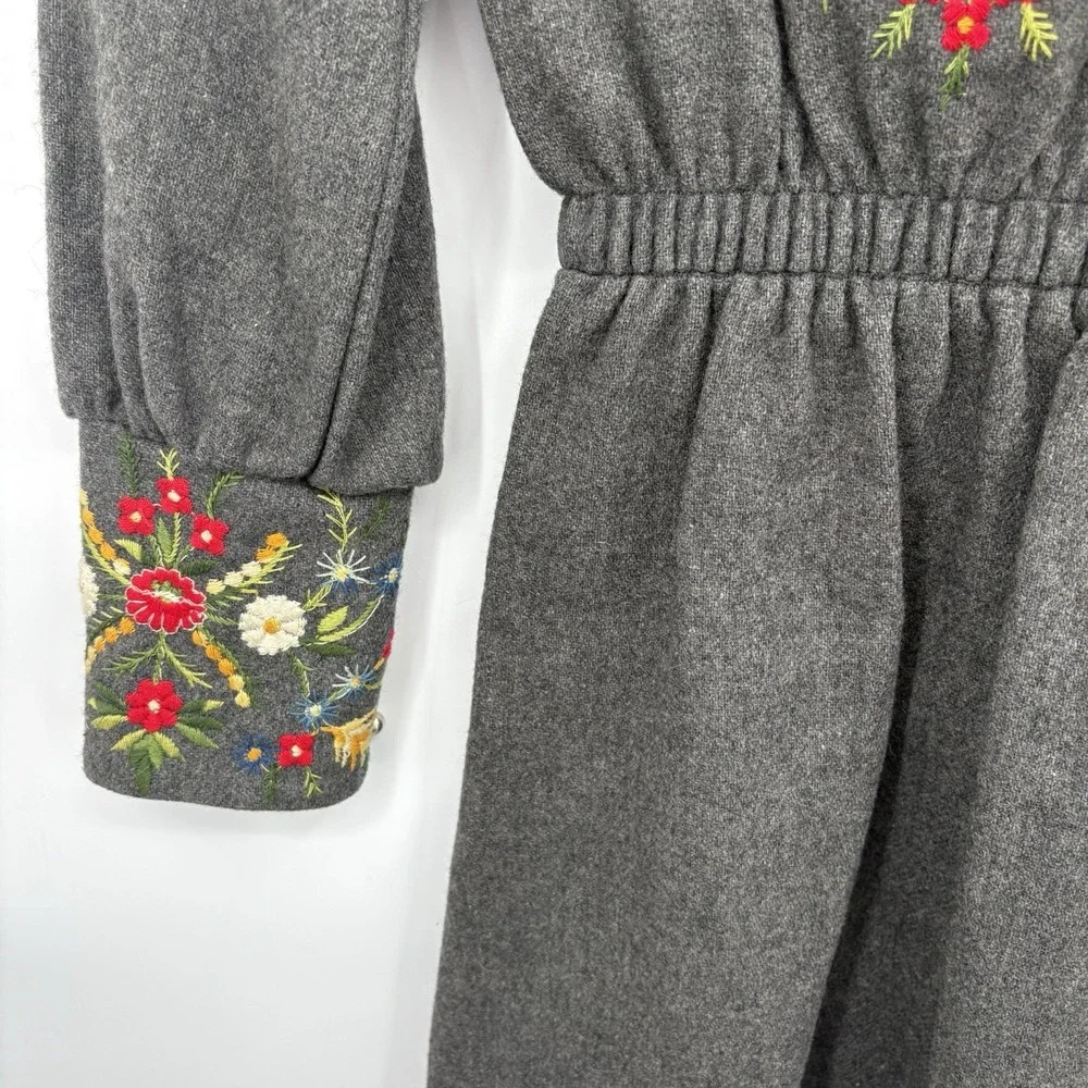 Vintage Hand Made Girls Wool Dress With Embroidered Flower‎ Details Size 12/14 L